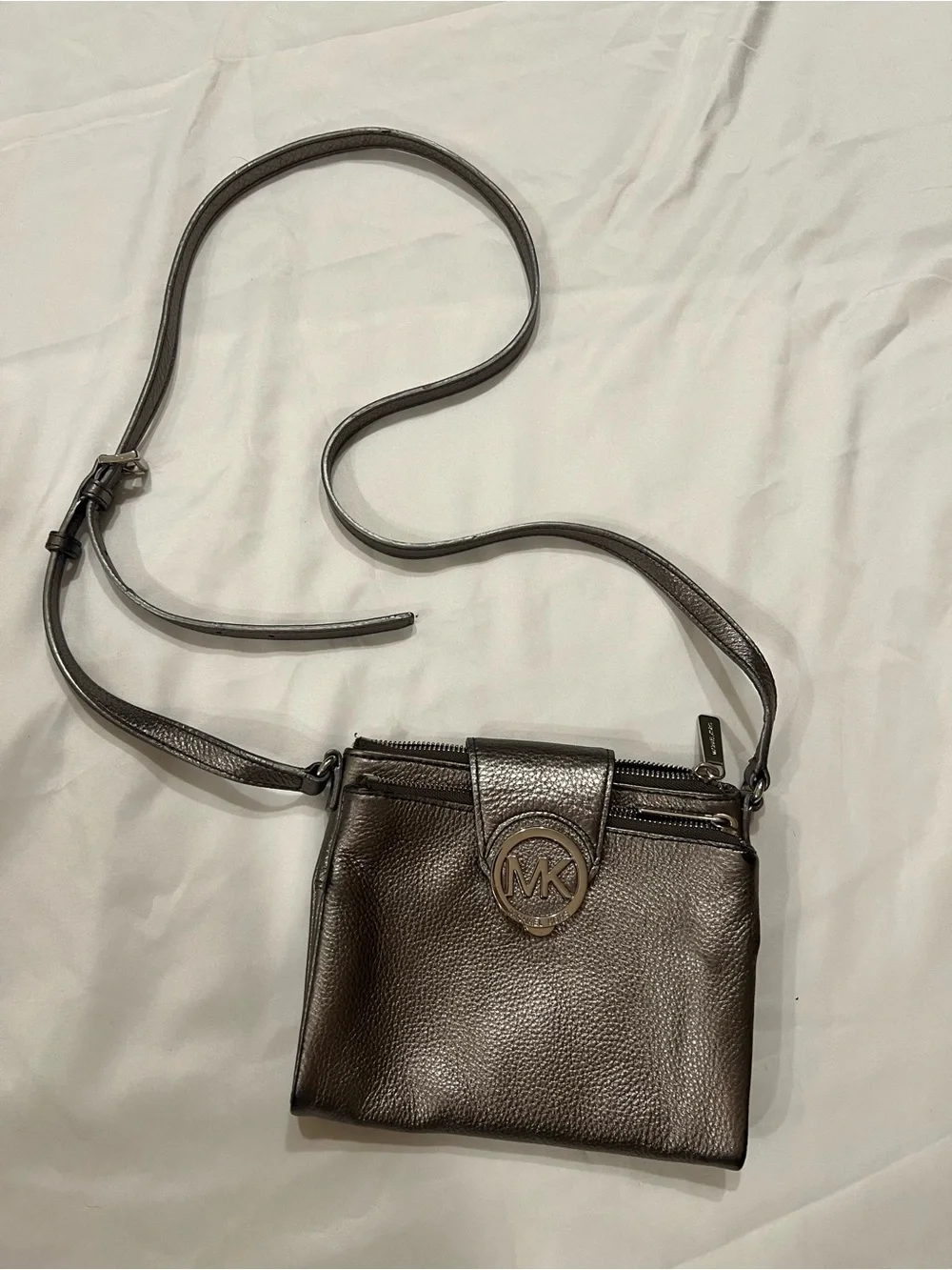 Michael Kors Metallic Charcoal Pebbled Leather Crossbody Bag
